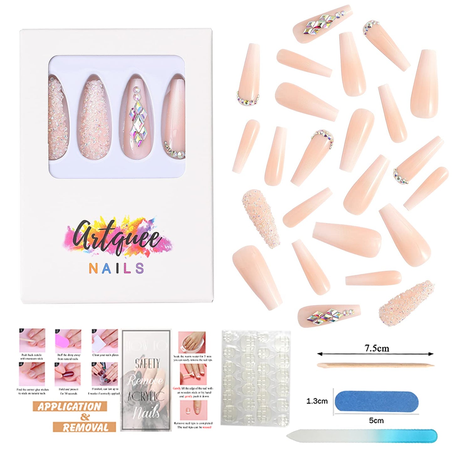 Artquee 24pcs French Nude White Ballerina Flash Diamond Crystal Long Glossy Coffin Flash Fake Nails Press on Nail False Tips Manicure for Women