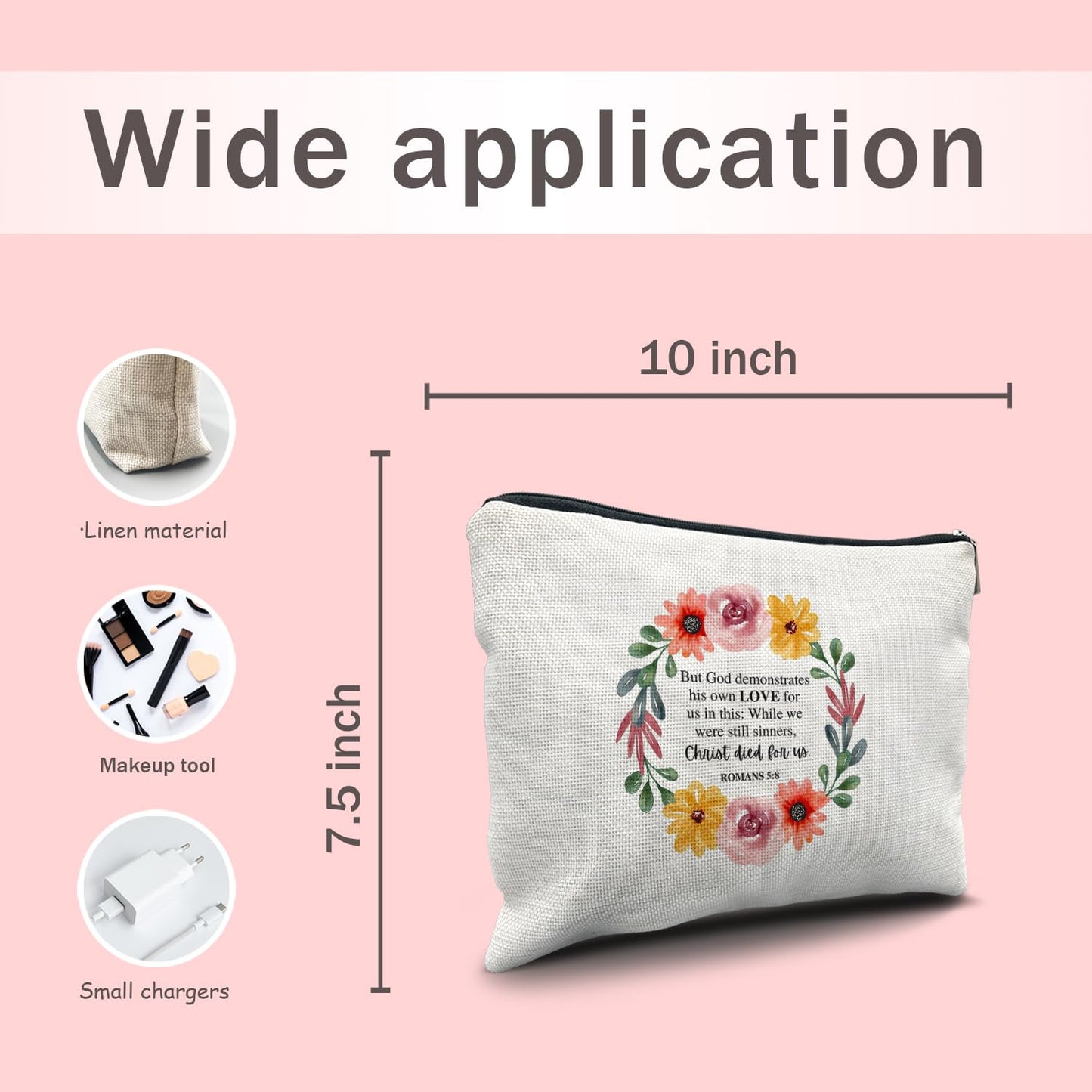 Nogrit Christian Inspirational Makeup Bag Cosmetic Bags for Women, Christian Gifts for Women Faith, Religious Bible Verse Small Makeup Cosmetic Bag for Purse, Floral Makeup Bag, Romans 5:8