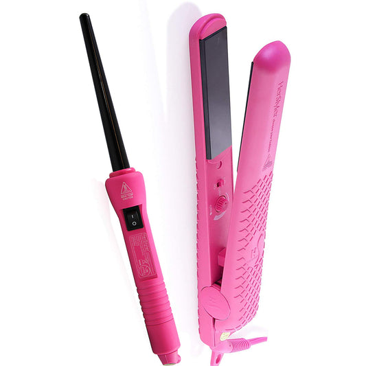 2 Pack Herstyler Colorful Seasons Ceramic Flat Iron (Pink) and Grande Curling Wand (Pink)