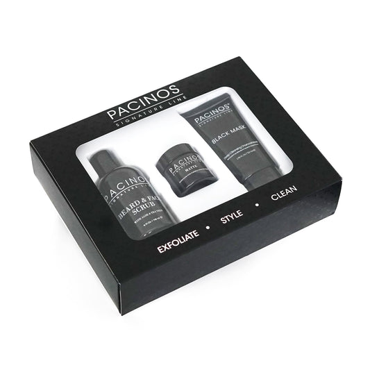 Pacinos Essentials Gift Set for Men - Beard and Face Scrub, Matte Hair Paste and Exfoliating Face Mask - Salon Quality Products - 3 Products