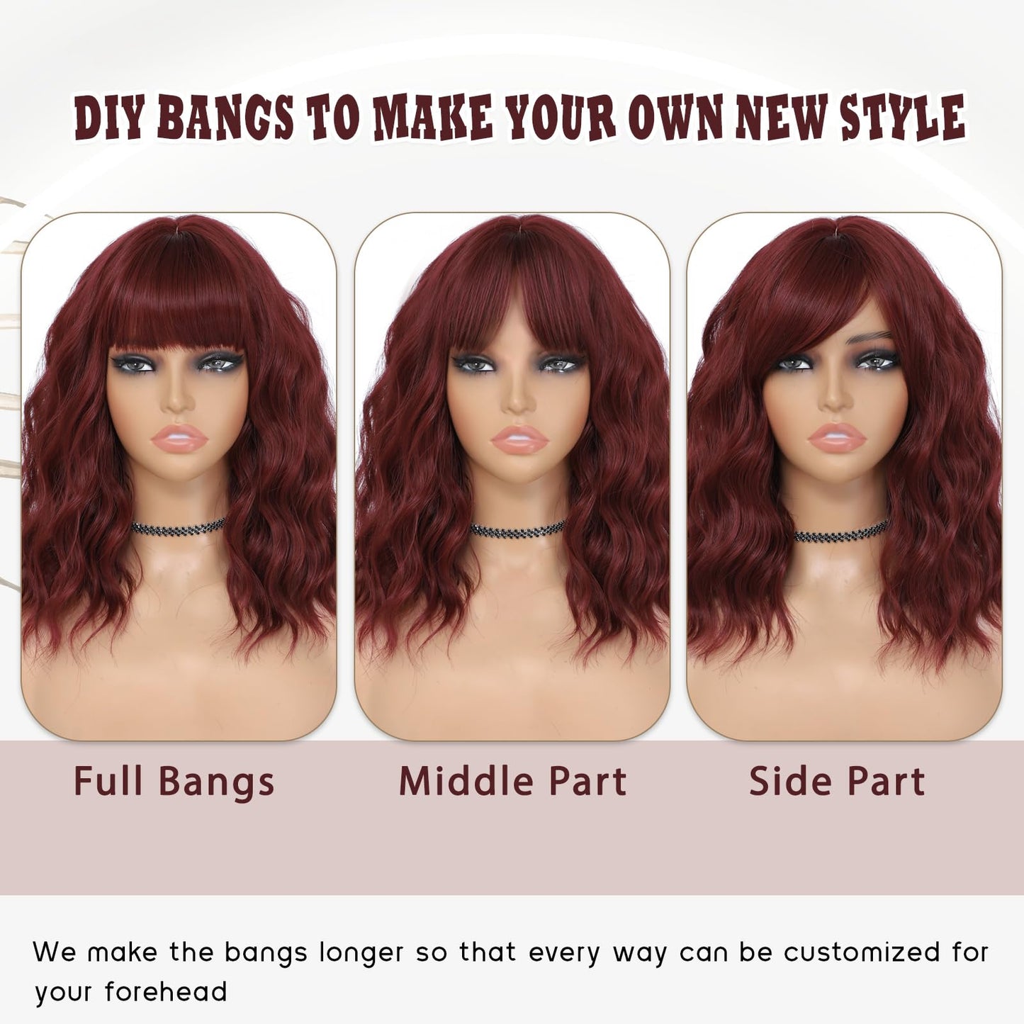 MINLEE Red Wig with Bangs for Women 14 Inch Short Bob Wavy Curly Wig Dark Red Hair Wigs Heat Resistant Synthetic Wigs