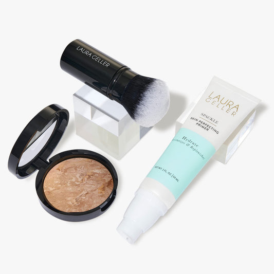 LAURA GELLER NEW YORK Face the day Kit (3 PC) - Balance-n-Brighten Foundation, Medium + Spackle Skin Perfecting Primer, Hydrate + Airbrush Round Kabuki Brush