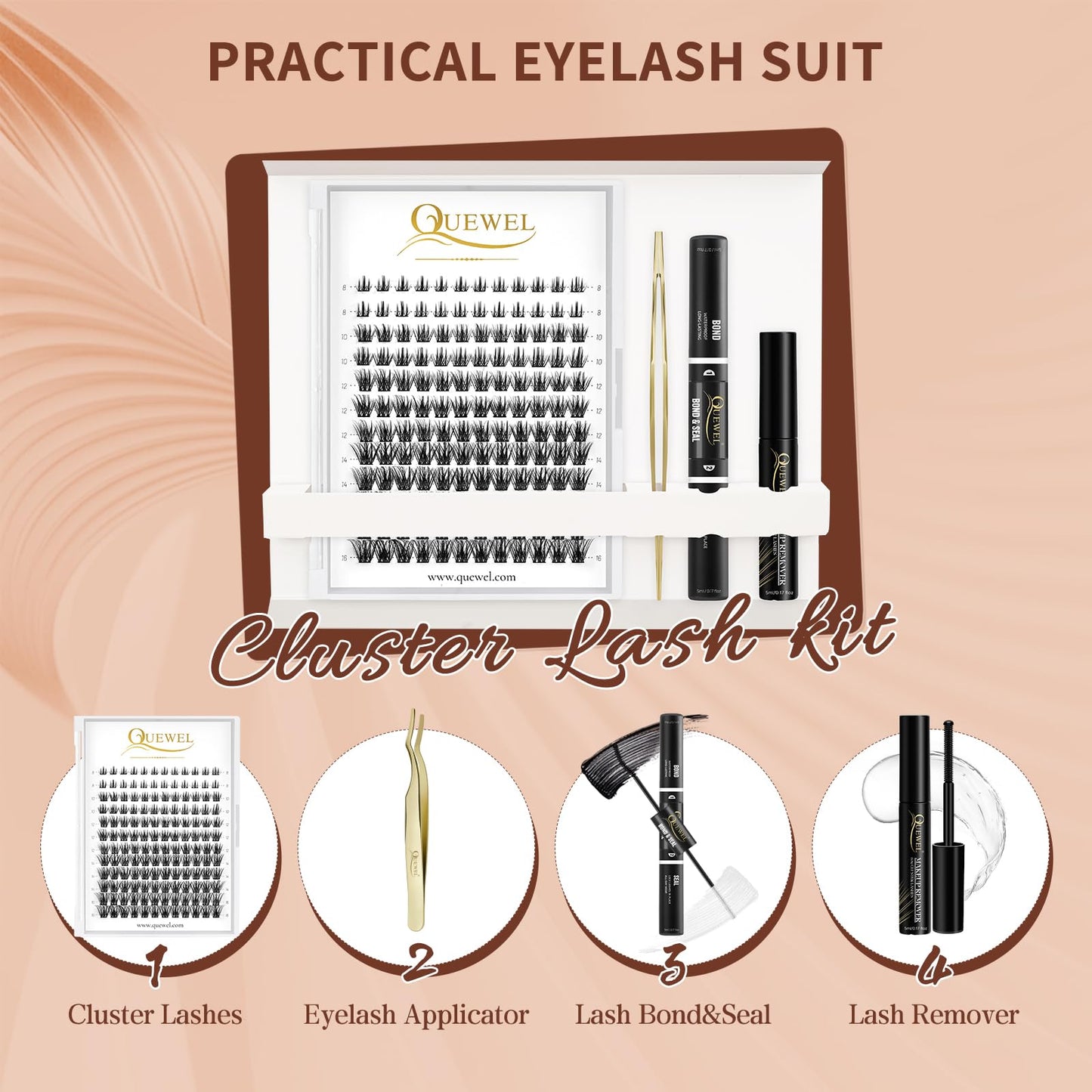 QUEWEL DIY Eyelash Extensions Kit, 144 Pcs Lash Clusters, Clusters Eyelash Applicator Tool, Super Hold Cluster Lashes Bond and Seal, Clusters Lash Glue Remover Easy to Apply at Home(Common-Kit)