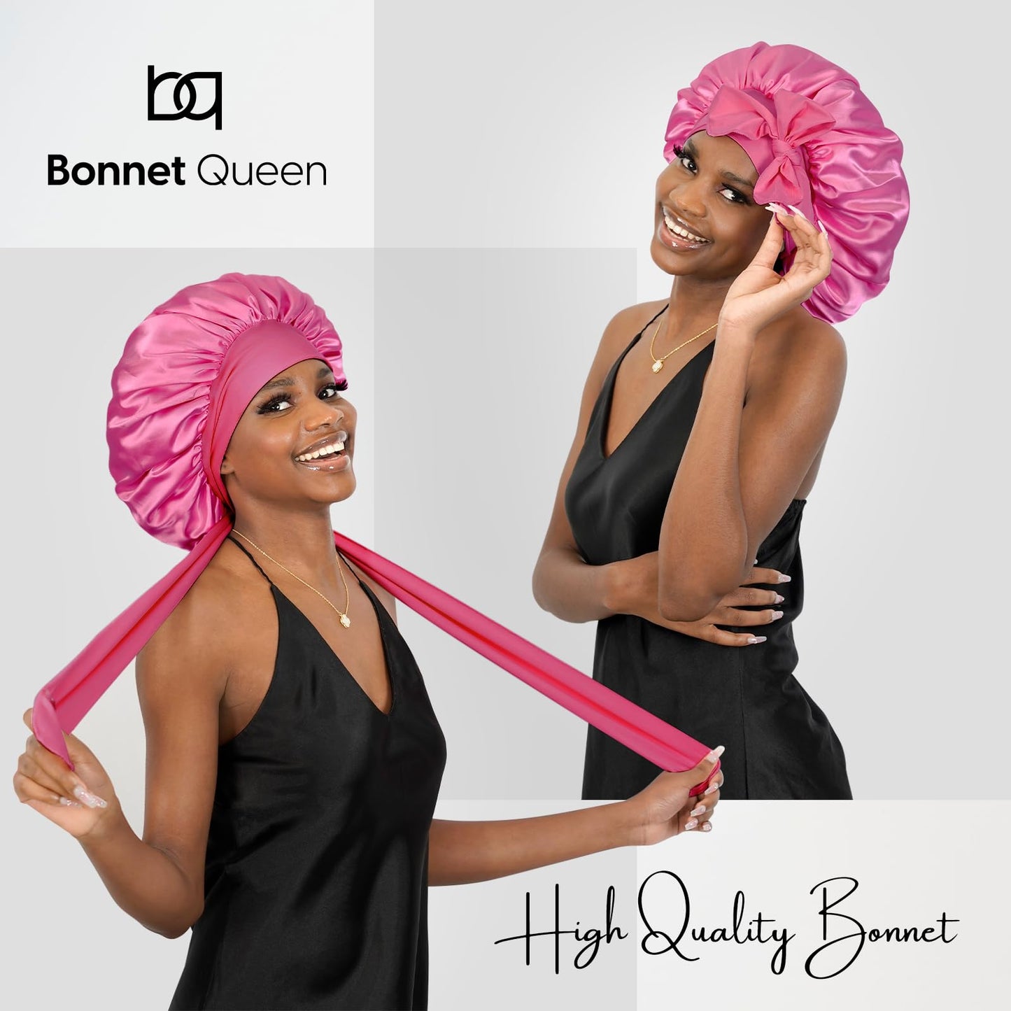 BONNET QUEEN Satin Bonnet Silk Bonnet for Sleeping Hair Bonnet Tie Bonnet for Women with Stretch Band Natural Hair Hot Pink