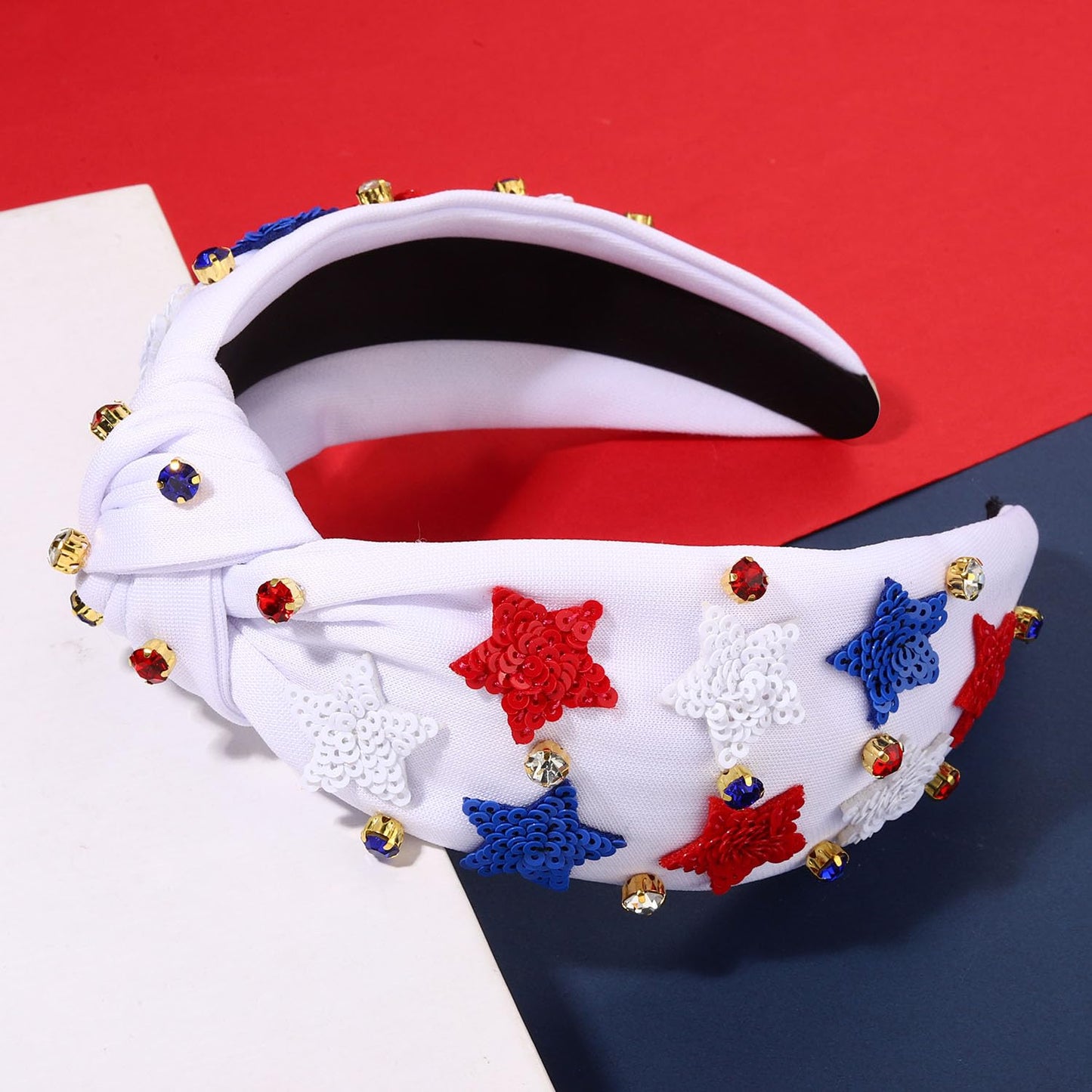 MOLOCH American Flag Headband 4th of July Headband Red White Blue USA Stars Heart Knotted Headband for Women Rhinestone Crystal Patriotic Hairband Party Hair Accessory Stars