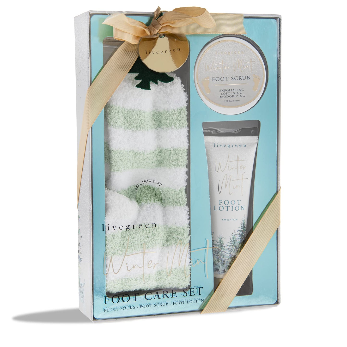 Live Green Bath and Body Set- Foot Spa Set with Fuzzy Socks, Lotion, and Scrub (Winter Mint)