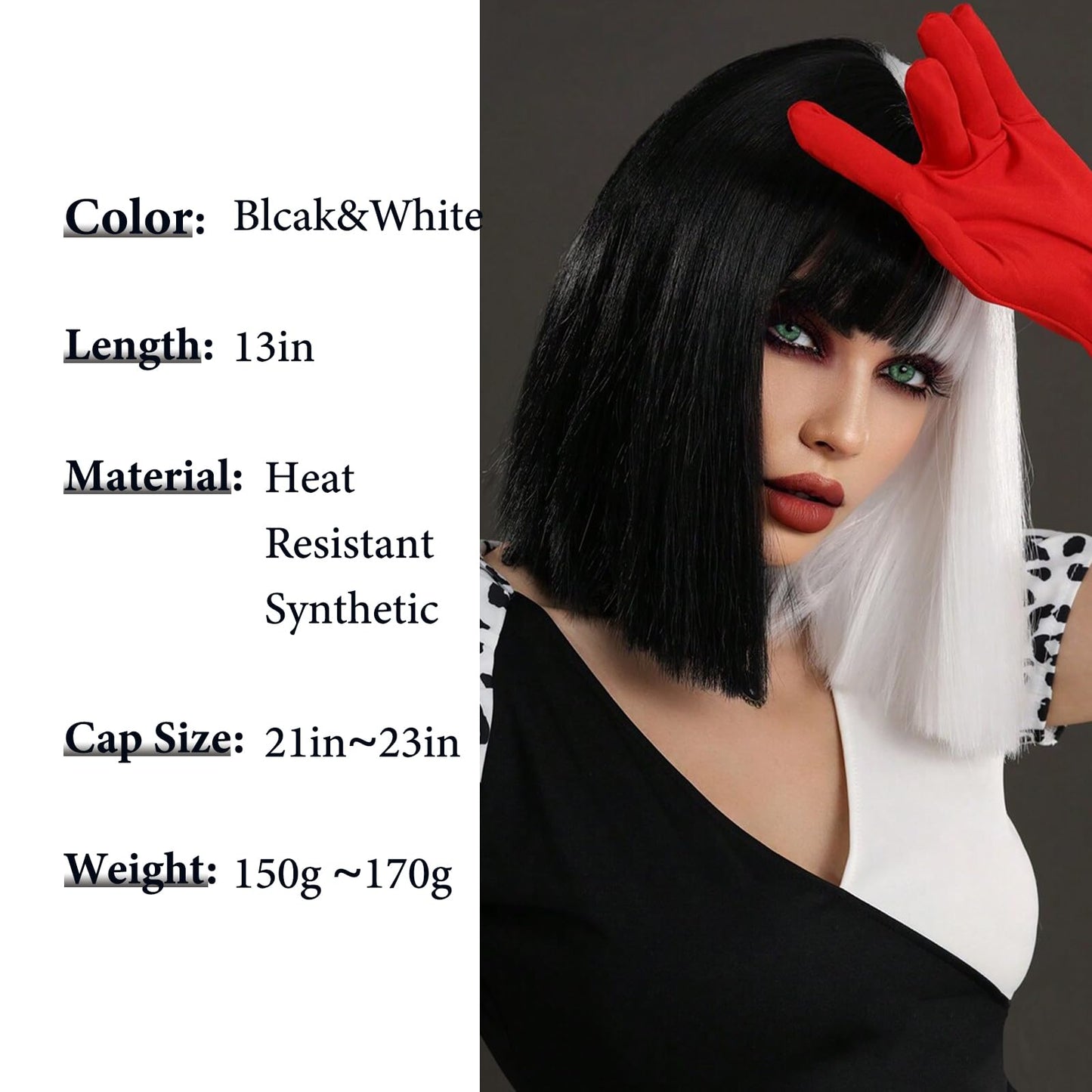 Black and White Wig Bob Wig with Bangs Short White and Black Straight Wig for Women Heat Resistant Synthetic Wig Cruella Deville Wig for Grils Daily Party Halloween Cosplay Use 13inch