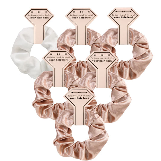 Loanzeg Satin Bridesmaid Scrunchies Bachelorette Hair Ties Set of 6 Bridal Shower No Damage Hairties ideas Gift for Wedding Party Favors Bridesmaid Proposal Gifts (White&Rose Champagne)