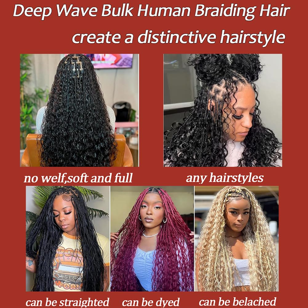 Human Braiding Hair Deep Wave Bulk Human Hair for Braiding 2 Bundles/Pack 100g Wet and Wave Deep Curly Braiding Hair for Boho Braids Bundle Brazilian Virgin Human Hair Extensions Natural Color