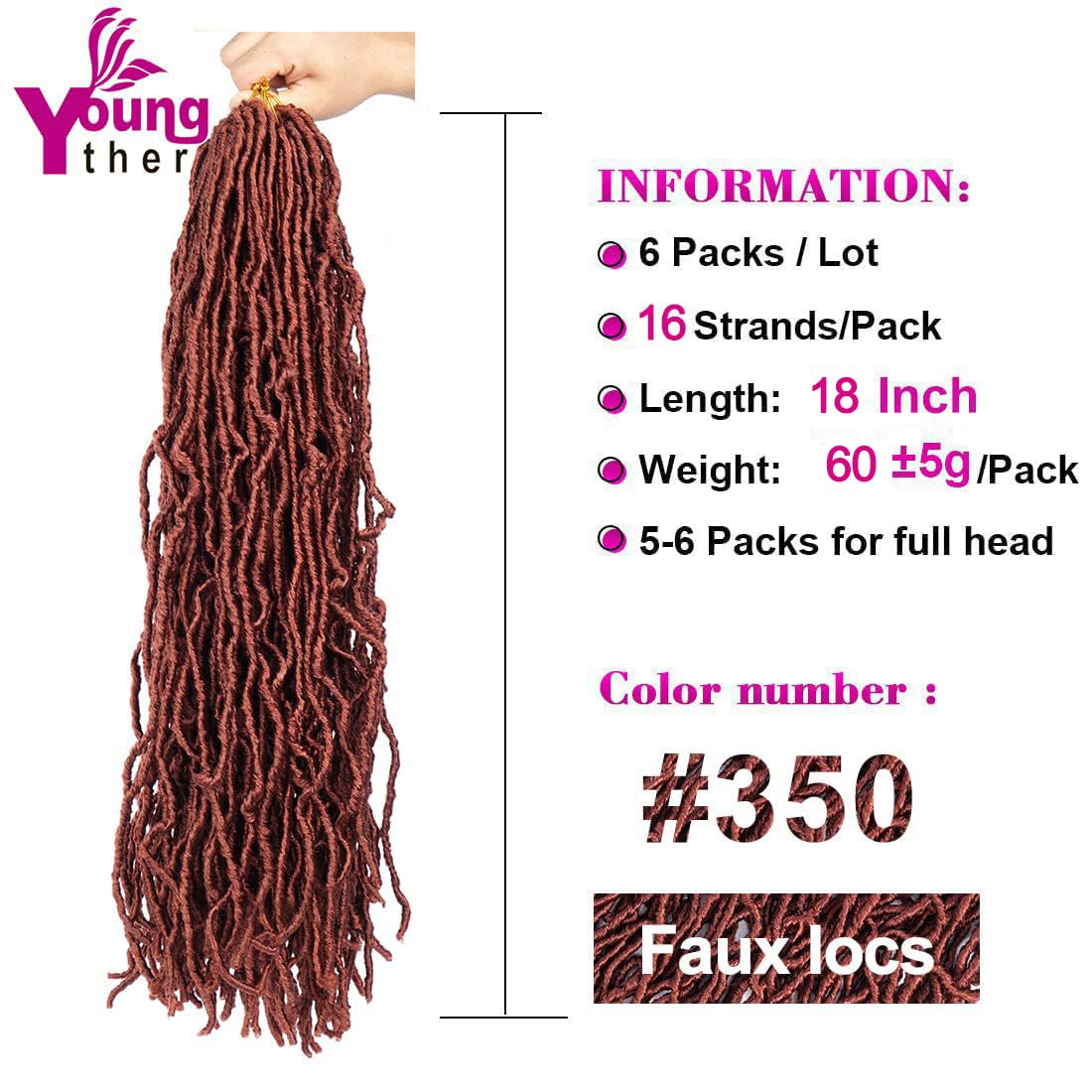 Youngther 18 inch New Faux Locs Crochet Hair Curly Wavy 6 Packs Crochet Faux Locs Hair Synthetic Crochet Hair for Black Women (18inch #350）