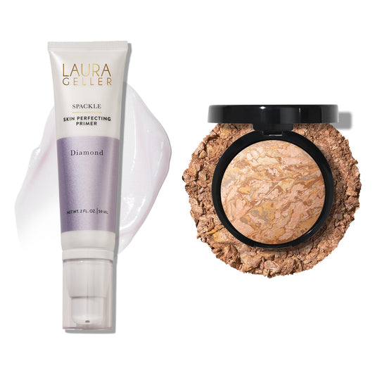 LAURA GELLER NEW YORK Illuminating Duo: Baked Balance-n-Glow Illuminating Foundation, Medium + Spackle Skin-Perfecting Makeup Primer, Diamond