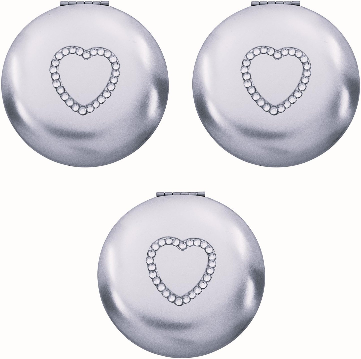 Stephanie Imports Set of 3 Slim Heart-Shaped Double Sided Magnifying Compact Mirrors (Silver with Rhinestone Heart, Small)