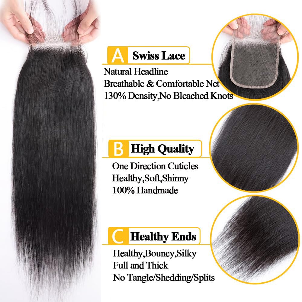 QTHAIR 14A Grade Brazilian Straight Human Hair Bundles with Closure(14" 14" 16"+12"Free Part Lace Closure,Natural Black) 100% Unprocessed Brazilian Virgin Hair Extensions for All Women