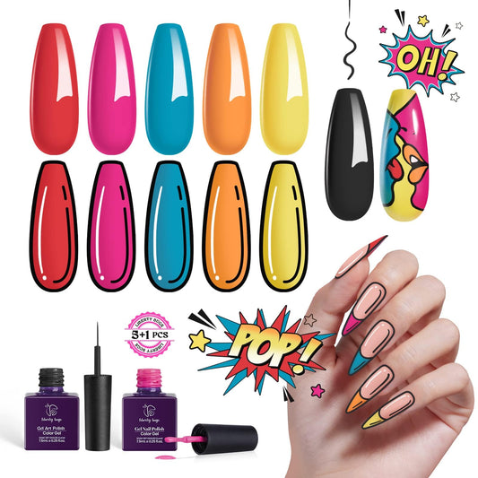 Neon Gel Polish Summer Gel Nail Polish Colors 'Pop-verse Adventure',6Pcs with Black Gel Liner Nail Polish,Red Gel Polish,Orange,Hot Pink,Blue Nail Polish Gel,UV Light Cured,Diy Nail Art Kit,Gift