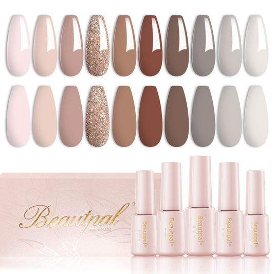 Larvall Beautpal Nude Grey Gel Nail Polish Set 10PCS All Seasons Skin Tones Gel Polish Set Neutral Gel Polish Colors Soak Off UV/LED Lamp Needed Salon DIY Manicure Gift Box for Women Girls 7ml