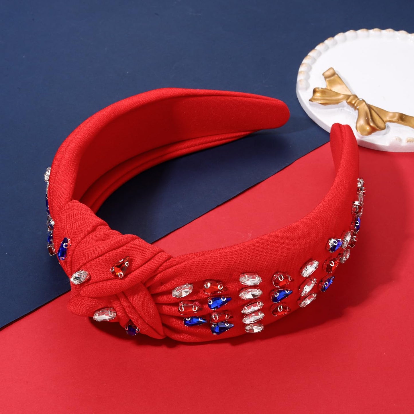 American Flag Rhinestone Knotted Headband for women Sparkly Red White Blue Crystal Embelishied Hairbands Twist Turband Headead (red 7.4-headband)