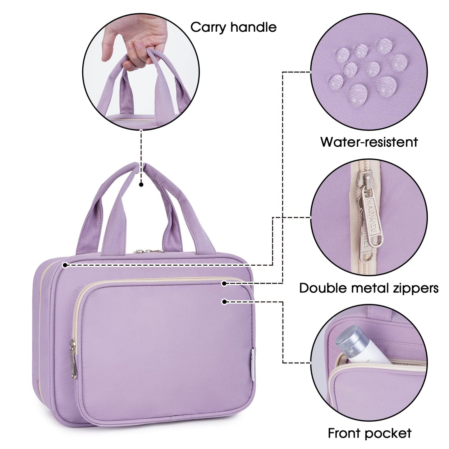 Narwey Hanging Toiletry Bag for Women Travel Makeup Bag Organizer Toiletries Bag for Travel Size Essentials Accessories Cosmetics (Purple (Medium))