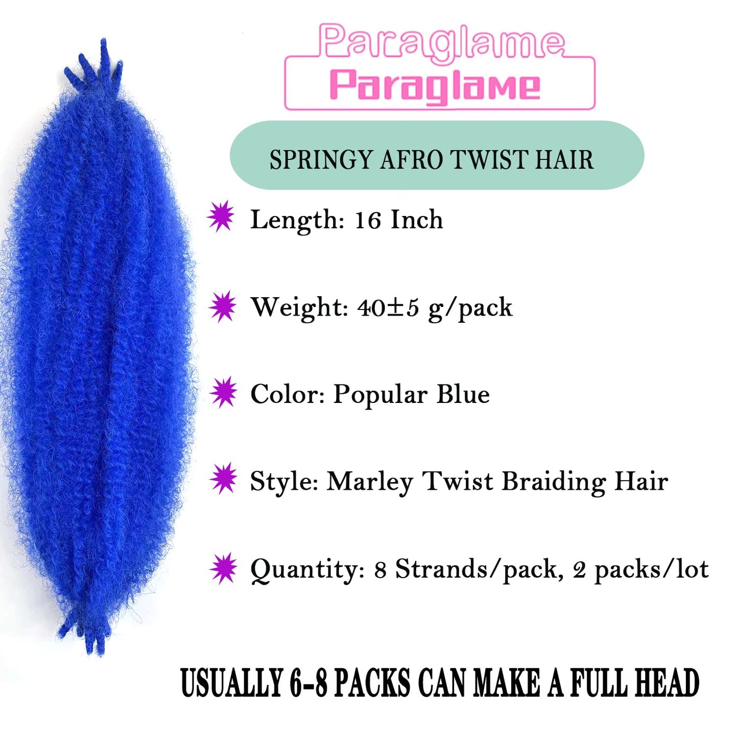 Marley Twist Braiding Hair 16 Inch Soft Springy Afro Kinky Braiding Hair, Blue Wrapping Hair for Soft Locs, Springy Afro Twist Hair For Black Women (16Inch(Pack of 2), Blue)