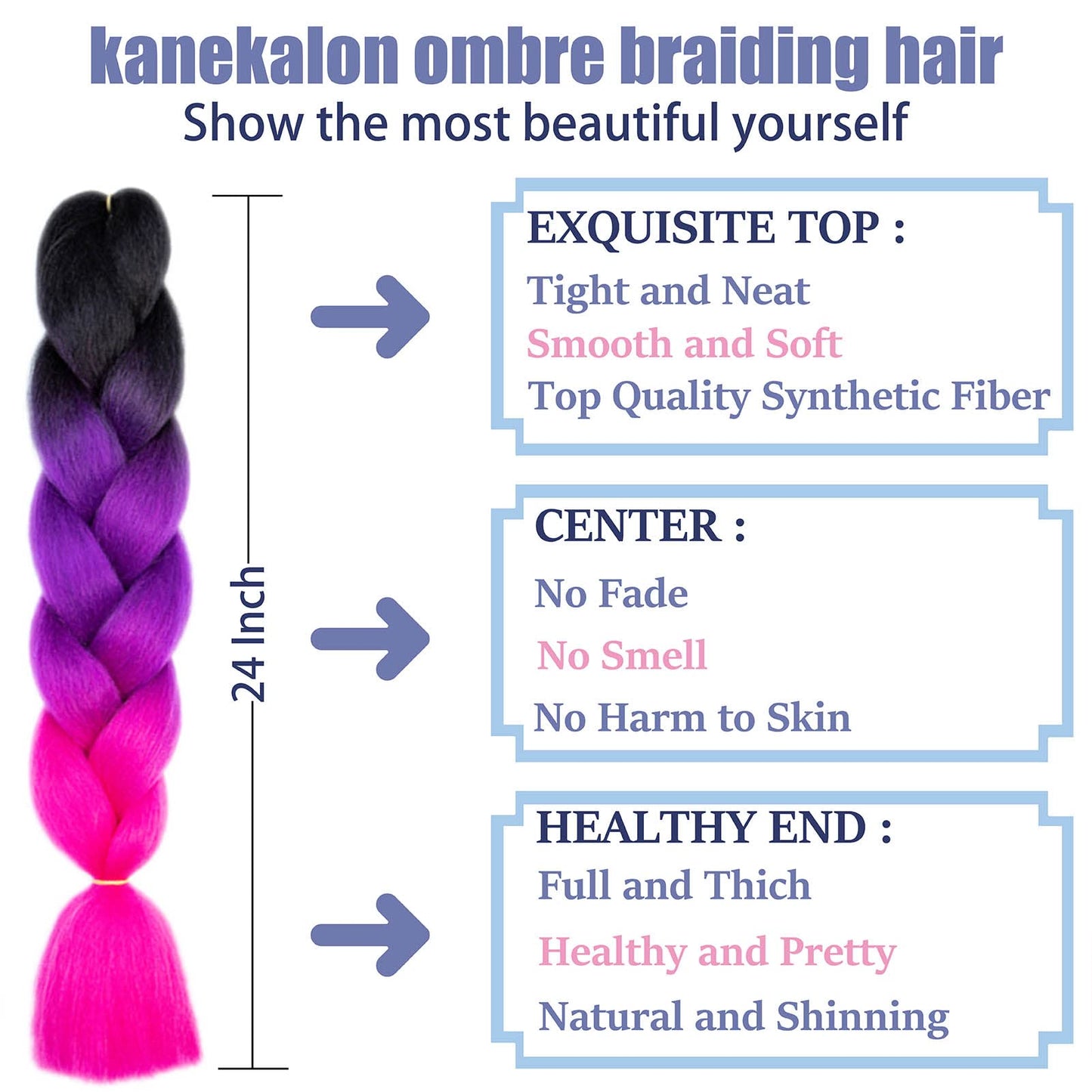 LILYKA SHOW 6 Packs 24 Inch Braiding Hair Extensions for Women Kanekalon Braiding Hair Ombre Jumbo Braiding Hair Extensions High Temperature Synthetic Braiding Hair for Twist Crochet Braids(6 Packs 24",Black to Purple to Rose)