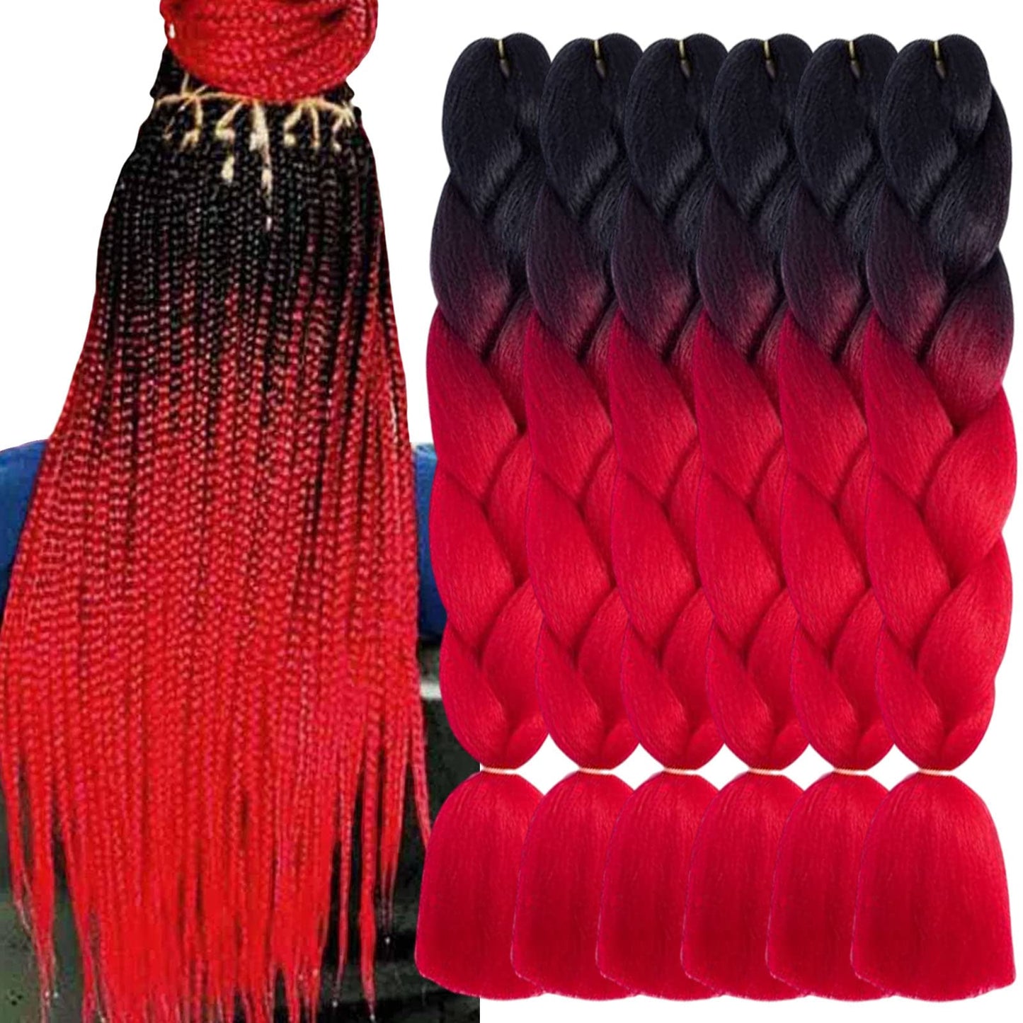 TENGSHUO FLY Ombre Braiding Hair Extensions for Women 6 Packs/24 Inch Braiding Hair Fiber Crochet Hair for Box Braids Senegal Twist Hair Extensions(24" (Pack of 6),Black to Red)