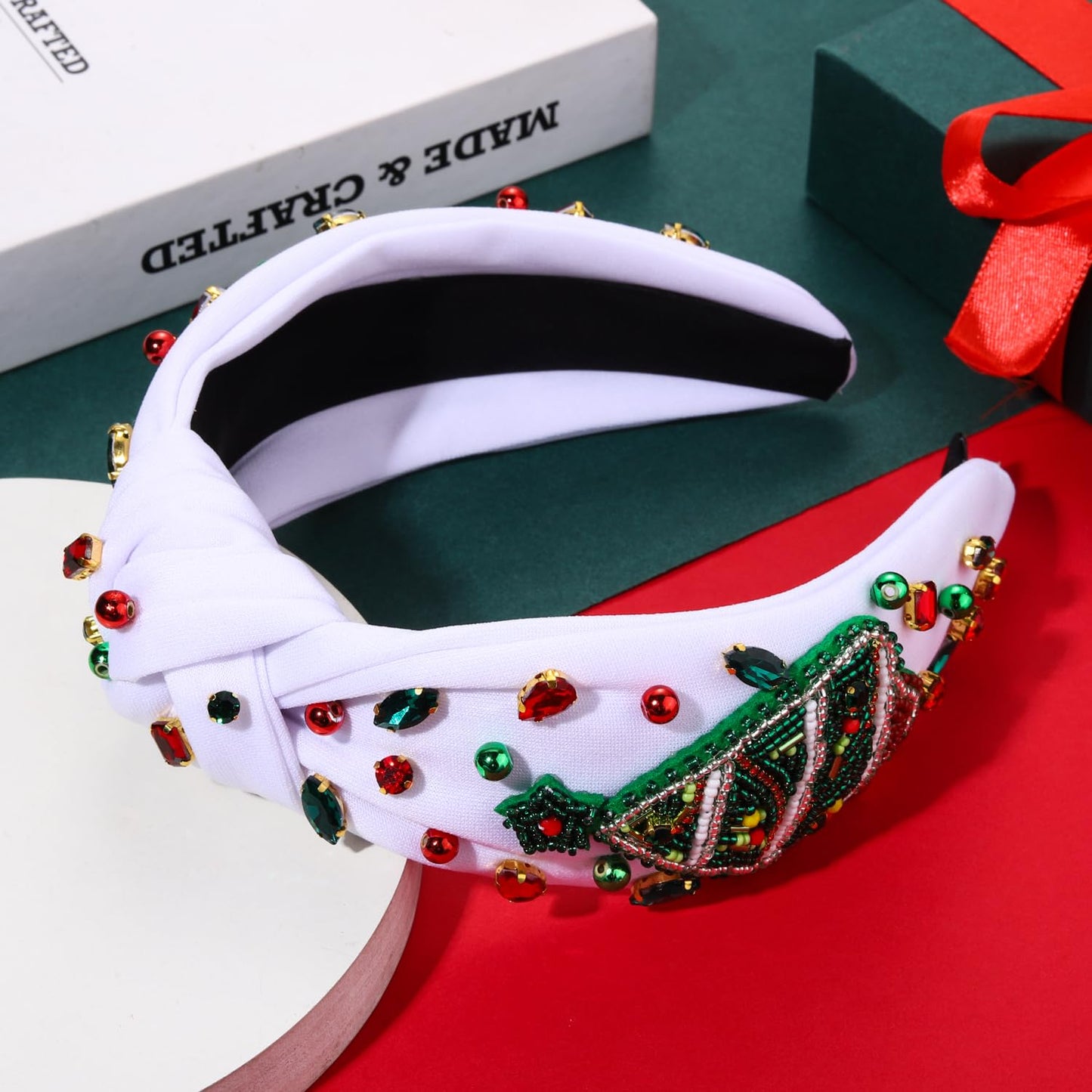 Christmas Tree Knotted Headband for Women Pearl Rhinestone Jewelry Christmas Tree Beaded Hairband Winter Holliday Wide Knot Headband Christmas Party Favors Gifts