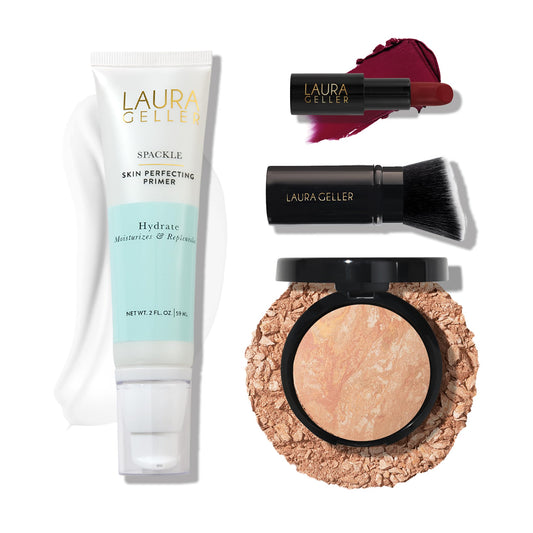 LAURA GELLER NEW YORK Effortless Essentials Kits (4pc): Baked Balance-n-Brighten Foundation, Light + Spackle Makeup Primer, Hydrate + Modern Classic Matte Lipstick, Berry Bliss + Kabuki