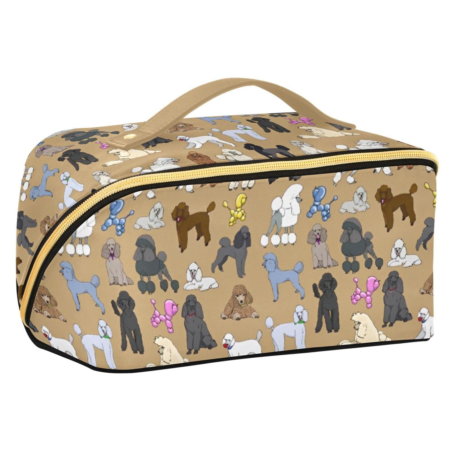 PIHNSDUA Cartoon Happy Poodle Large Capacity Cosmetic Bag Travel Makeup Bags with Large Opening and Handle Twill Cosmetic Organizer for Women