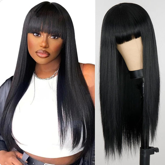 ponyttda Long Black Wig with Bangs,26 Inches Synthetic Wavy Bang Black Wigs for Women, Women Long Straight Heat Resistant Black Hair Wig,Cosplay Black Wig