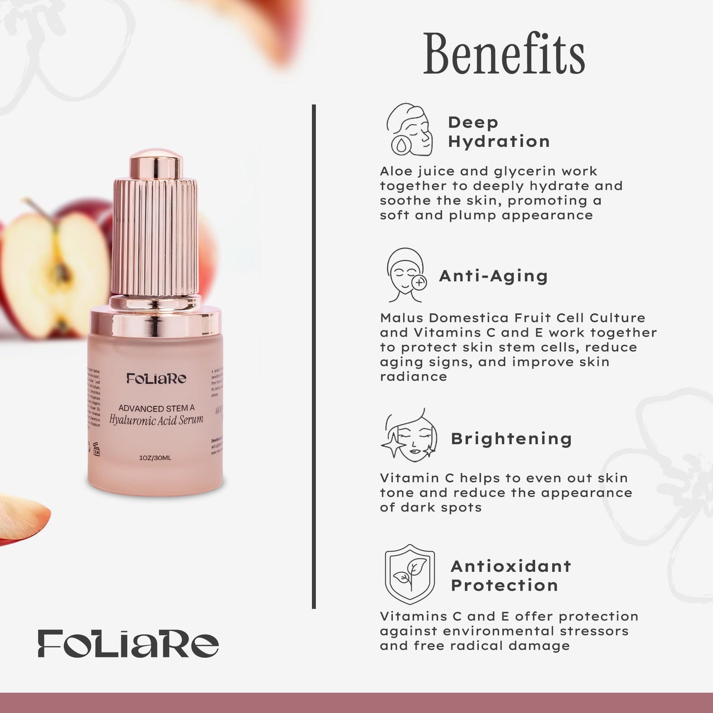 Foliare Advanced Stem A Hyaluronic Acid Serum for Face – Hydrating Face Serum with Apple Stem Cells, Vitamin C, and Vitamin E - Vegan, Cruelty-Free, 1 oz