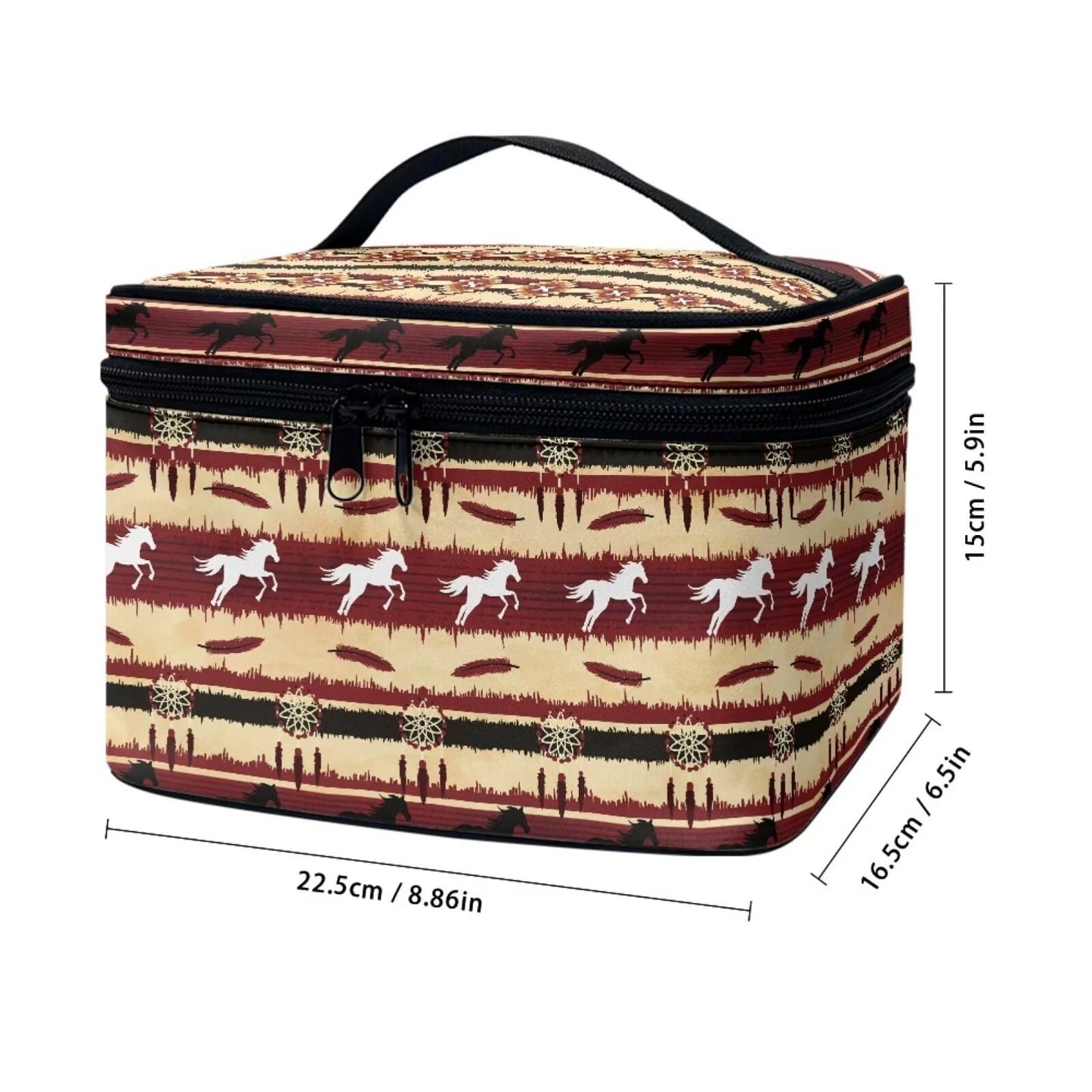 JoyLamoria Aztec Horse Makeup Bag Portable Cosmetic Bag Large Capacity Handbag Wallet Coin Purse Pouch with Handle