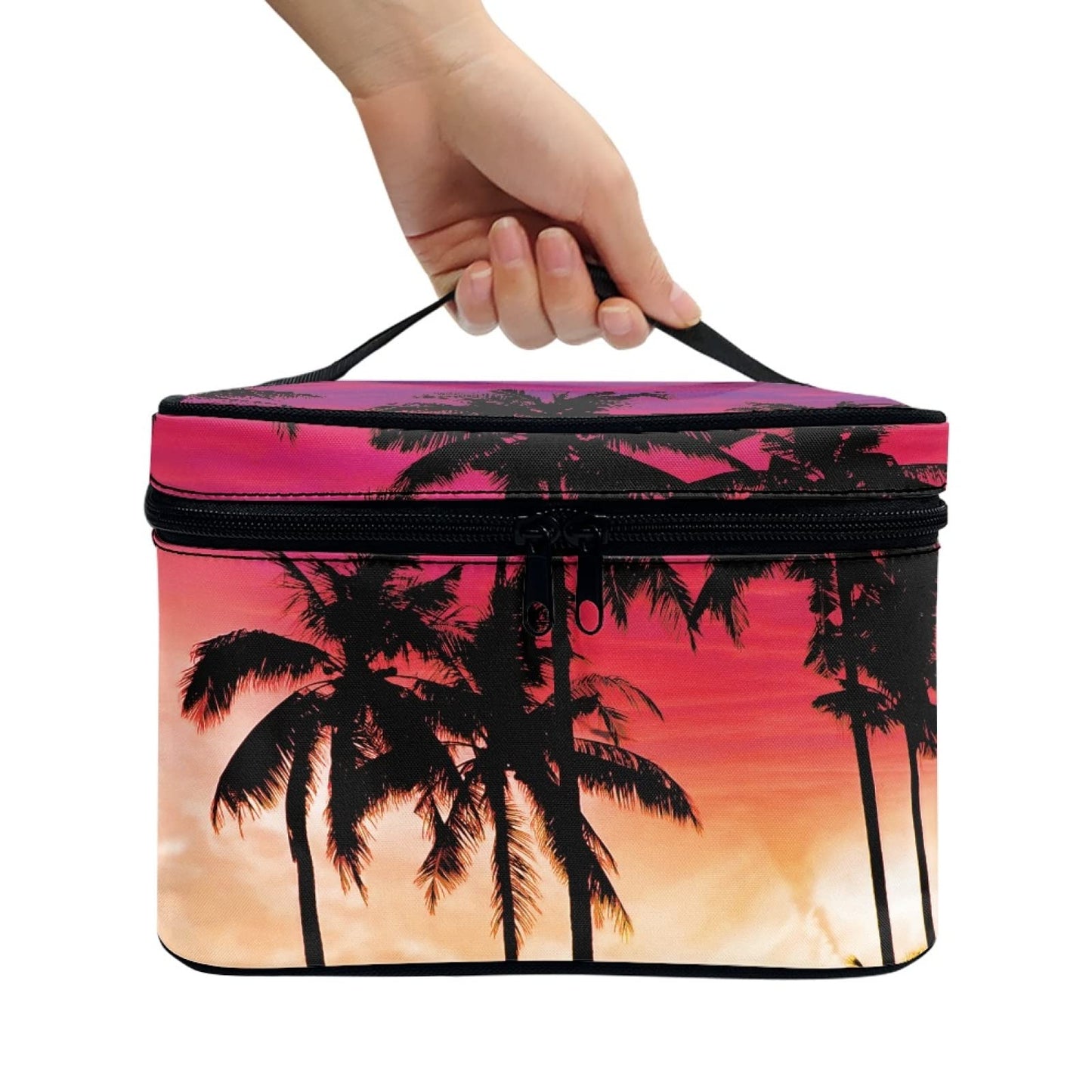 Horeset Palm Tree Print Novelty Women's Cosmetic Bag Waterproof Portable Bag Two-Way Zipper with 5 Brush Slots and 1 Band