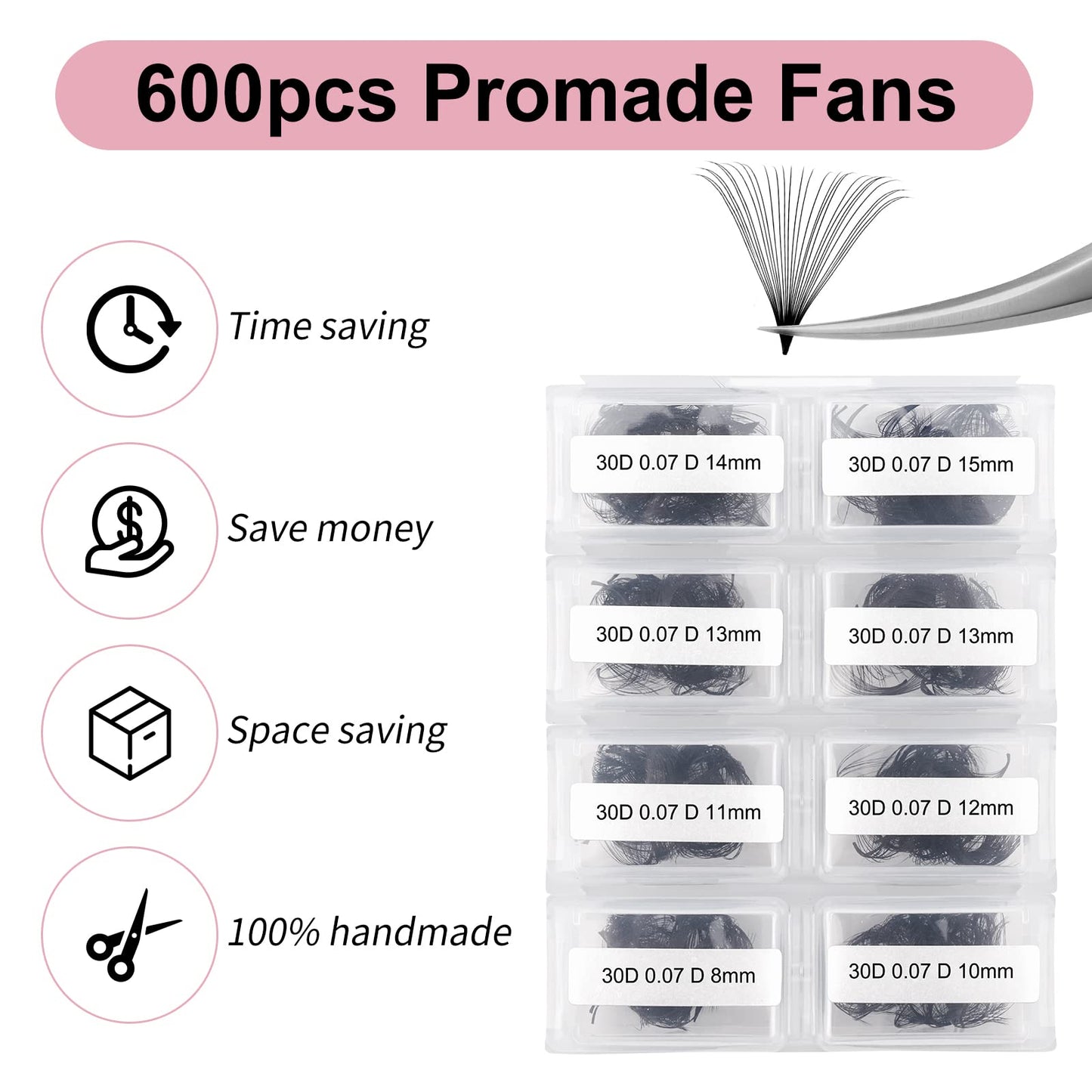 Lash Extension 30D Premade Fans Eyelash Extensions 600pcs Pre Made Fans Lash Extensions Premade Lash Fans Volume Lash Extensions D Curl Eyelash Extension Premade Fans (30D-0.07D-8-15mm)