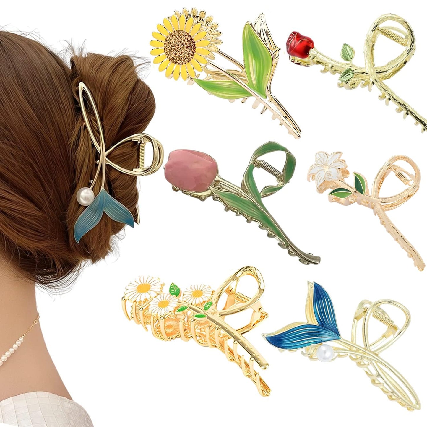 Flower Metal Hair Claw Clips 6 Pcs Cute Large Tulip Hair Claw NonSlip Hair Barrettes Strong Hold Hair Clamps Fashion Hair Accessories for Woman Girls with Long Thick Thin Curly Hair (B Style)