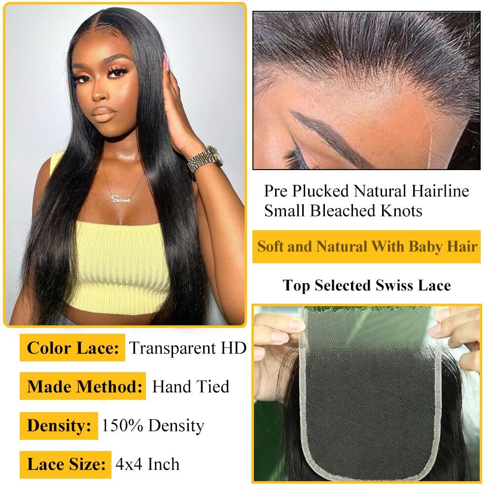 QTHAIR 14A Grade Brazilian Straight Human Hair Bundles with Closure(14" 14" 16"+12"Free Part Lace Closure,Natural Black) 100% Unprocessed Brazilian Virgin Hair Extensions for All Women