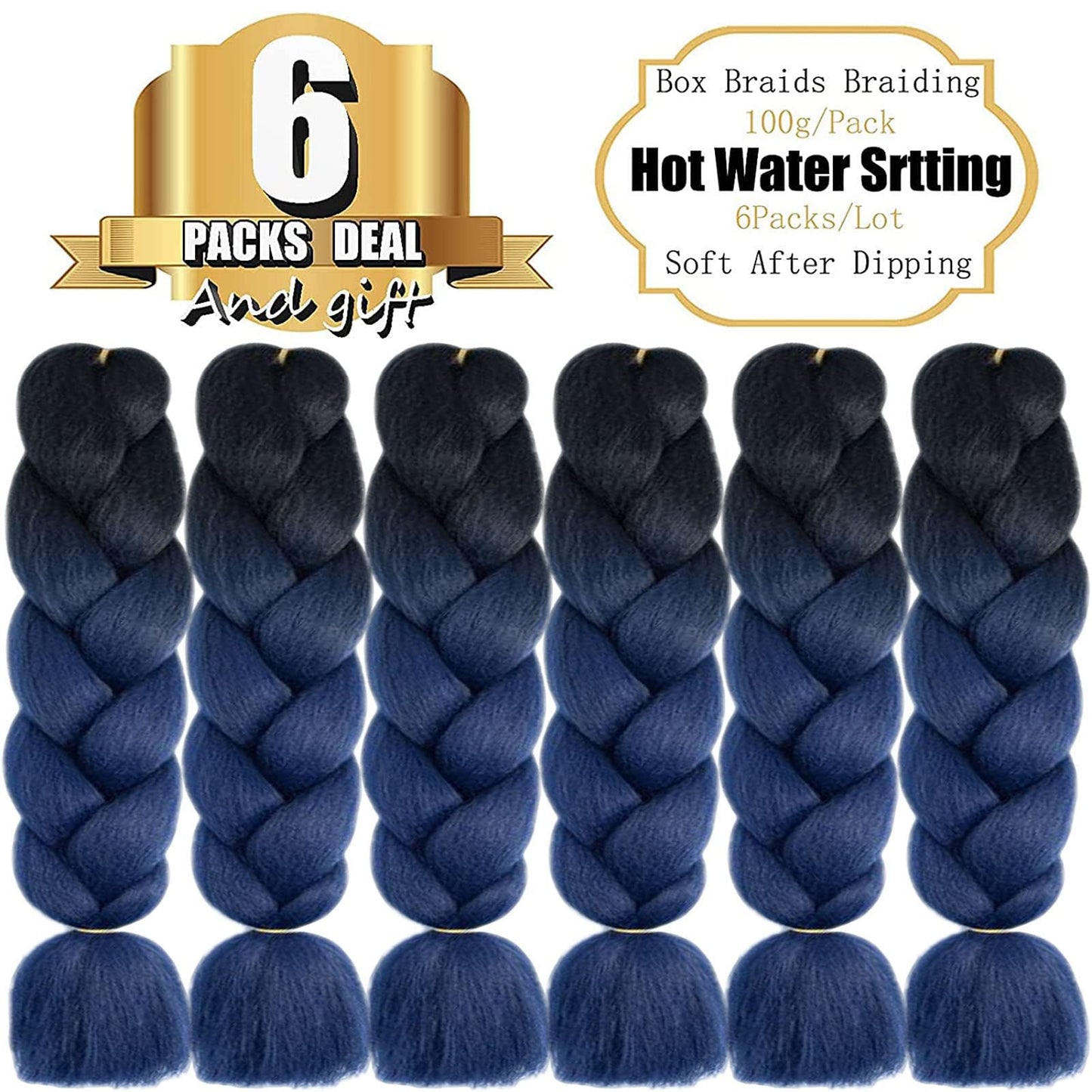 Ombre Braiding Hair Extensions for Women 6 Packs/24 Inch Braiding Hair Fiber Crochet Hair for Box Braids Senegal Twist Hair Extensions(24" (Pack of 6),Black to Dark Blue)