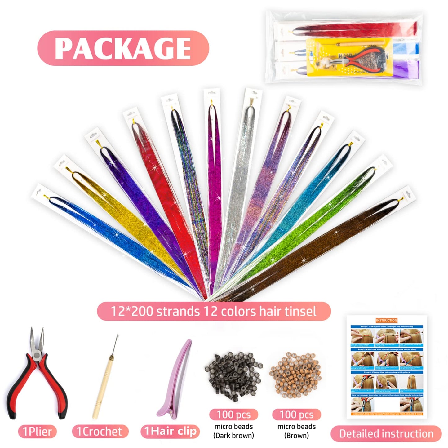 Hair Tinsel Kit with Tools and Instruction Easy to Use 12 Colors 2400 Strands 47 Inches Glitter Tinsel Hair Extensions for Women and Girls, Sparkling Shinny Fairy Hair Accessories for Christmas New Year Halloween Cosplay Party