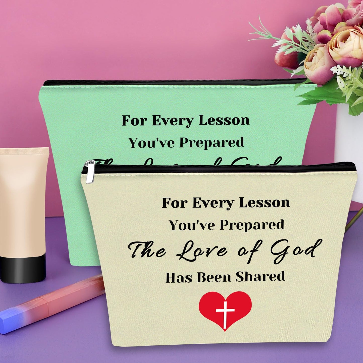 2PCS Christian Gifts for Sunday School Teachers Makeup Bag Bible Verse Gifts for Teachers Religious Thank You Gifts for Teachers Cosmetic Bag Birthday Thanksgiving Christmas Gifts