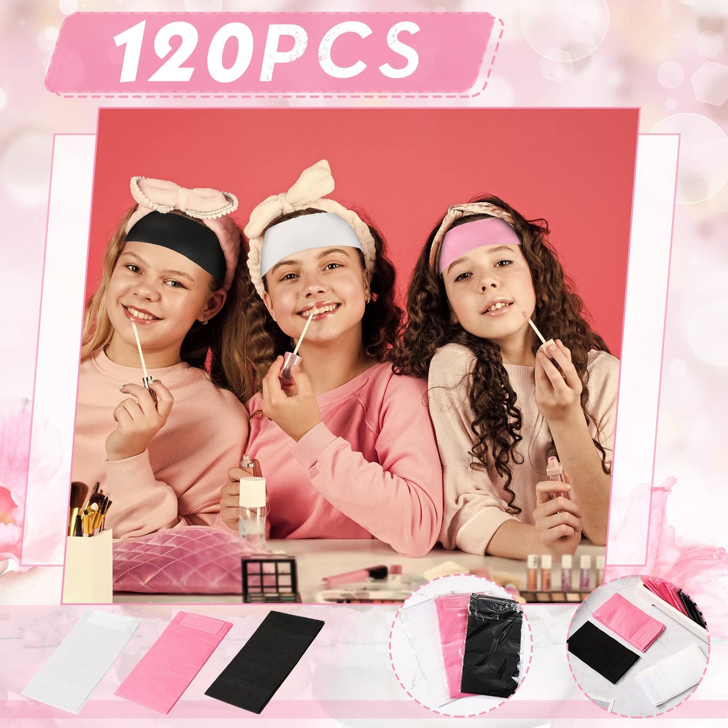 120 Pieces Disposable Headbands for Facials Spa Headbands with Convenient Closure Stretch Non Woven Skin Care Hair Band Soft for Women Salons Face Washing, Shower, Pink, Black, White