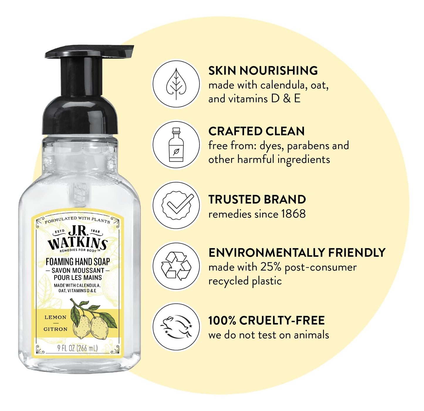 J.R. Watkins Foaming Hand Soap with Pump Dispenser, Moisturizing Foam Hand Wash, All Natural, Alcohol-Free, Cruelty-Free, USA Made, Lemon, 9 fl oz, 3 Pack