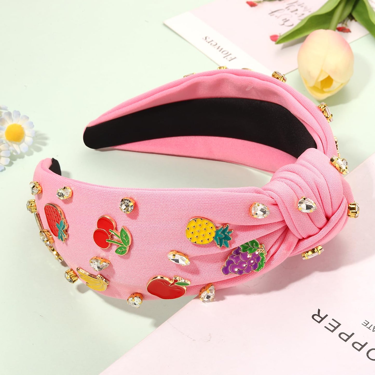 Summer Fruit Headbands for Women Tropical Strawberry Pineapple Cherry Watermelon Headbands Jeweled Rhinestone Knotted Headbands Summer Beach Hair Accessories Outfits Vacation Gifts (Fruit H-Pink)