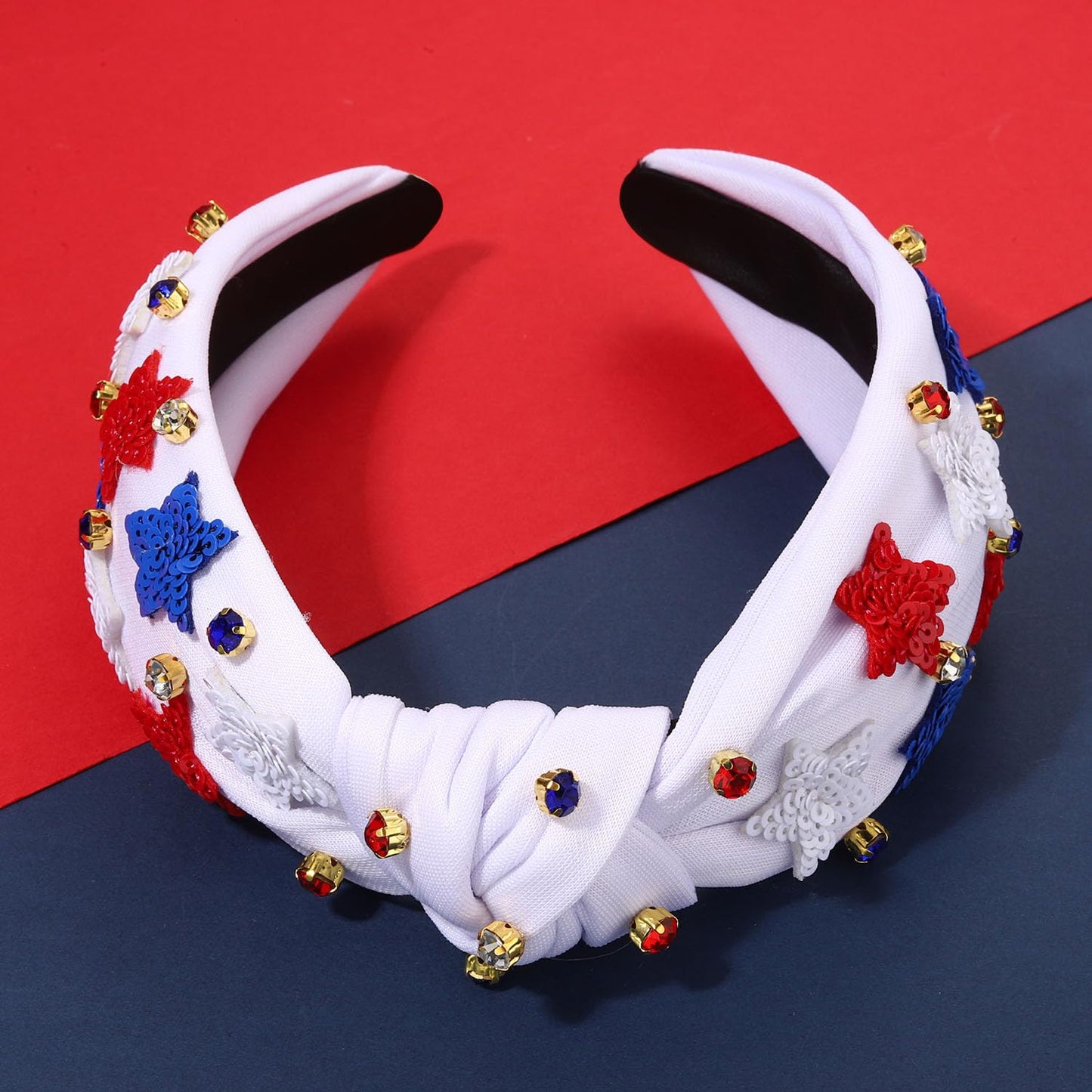 MOLOCH American Flag Headband 4th of July Headband Red White Blue USA Stars Heart Knotted Headband for Women Rhinestone Crystal Patriotic Hairband Party Hair Accessory Stars