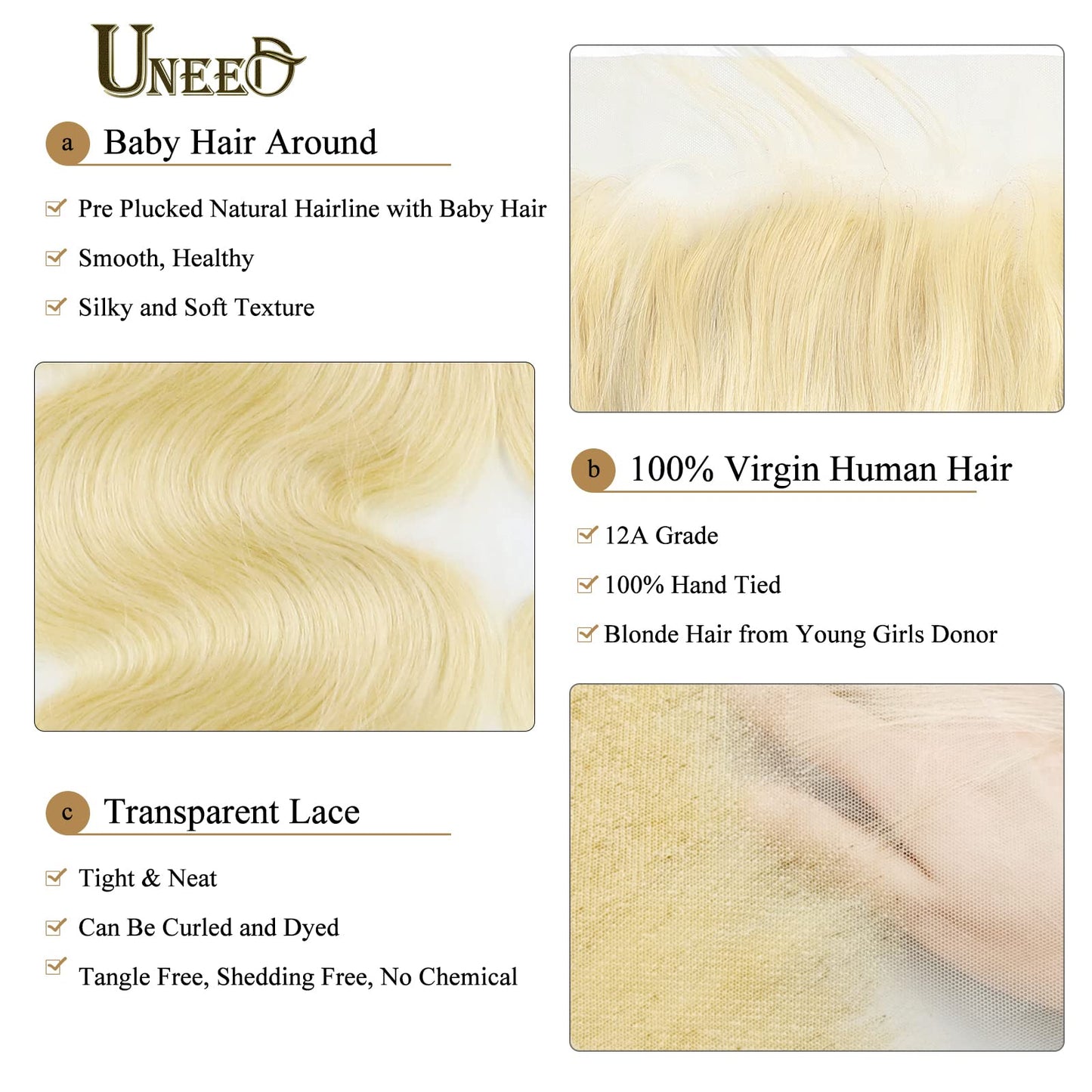 UNEED 613 Frontal 13x4 613 HD lace Frontal Blonde Transparent Lace Frontal Closure Free Part Ear To Ear Brazilian Virgin Remy Body Wave Human Hair Pre Plucked with Baby Hair Blonde Color 12 Inch