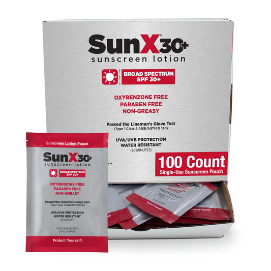 Sun X 30+ SPF Individual Sunscreen Packets Travel Size - Pack of 100 Paraben, Oxybenzone, & White Cast Free Broad Spectrum SPF Sunscreen Packets - Water & Sweat Resistant For Up To 80 Minutes