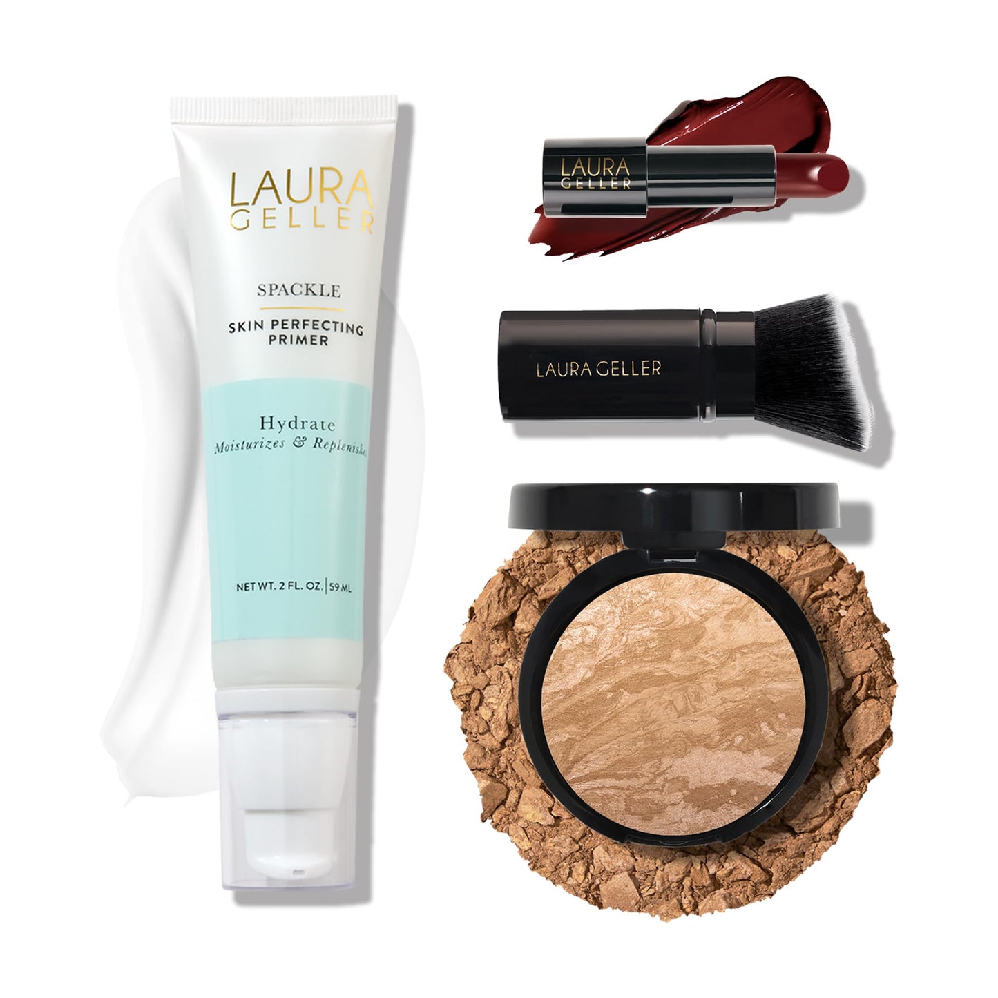 LAURA GELLER NEW YORK Effortless Essentials Kits (4pc): Baked Balance-n-Brighten Foundation, Golden Medium + Spackle Makeup Primer, Hydrate + Modern Classic Cream Lipstick, Berry Bliss + Kabuki