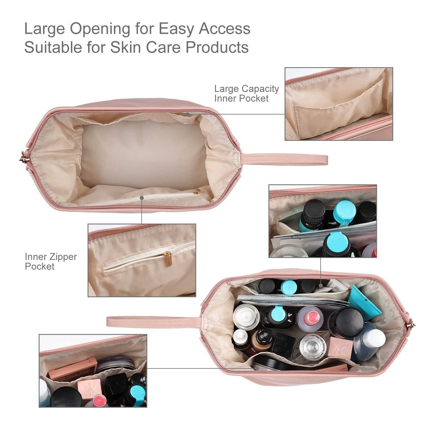 Surblue Leather Makeup Bag Cosmetic Bag Travel Cosmetic Bag for Women Double Layer Toiletry Brush Bags with Handle, Pink