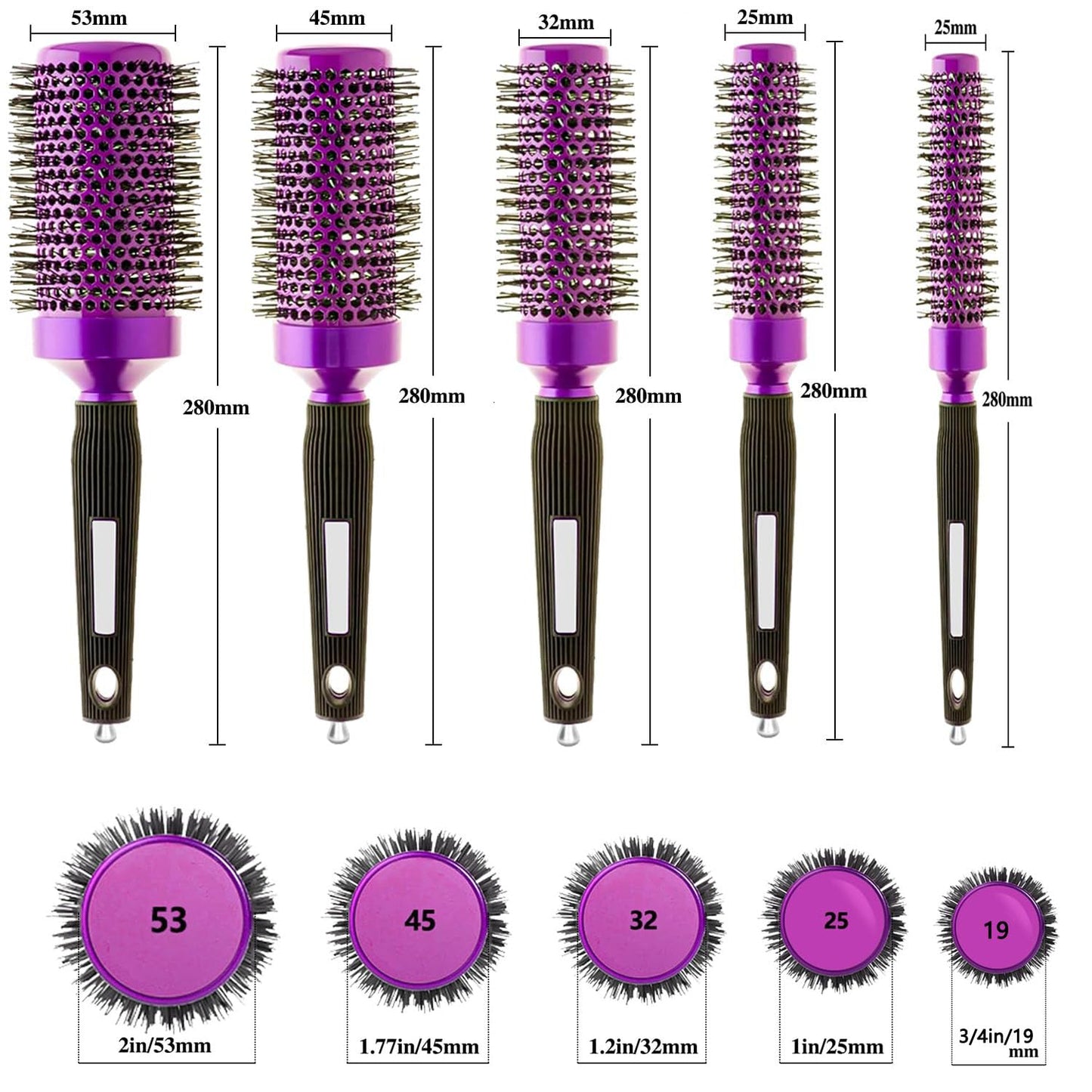 5pcs Round hair Brush Set for Blow Drying Curling, Professional curly hair brushBrush Leaves Hair Shiny Heat Styling Brush 5 Different Sizes Works Very Well with The Blow Dryer