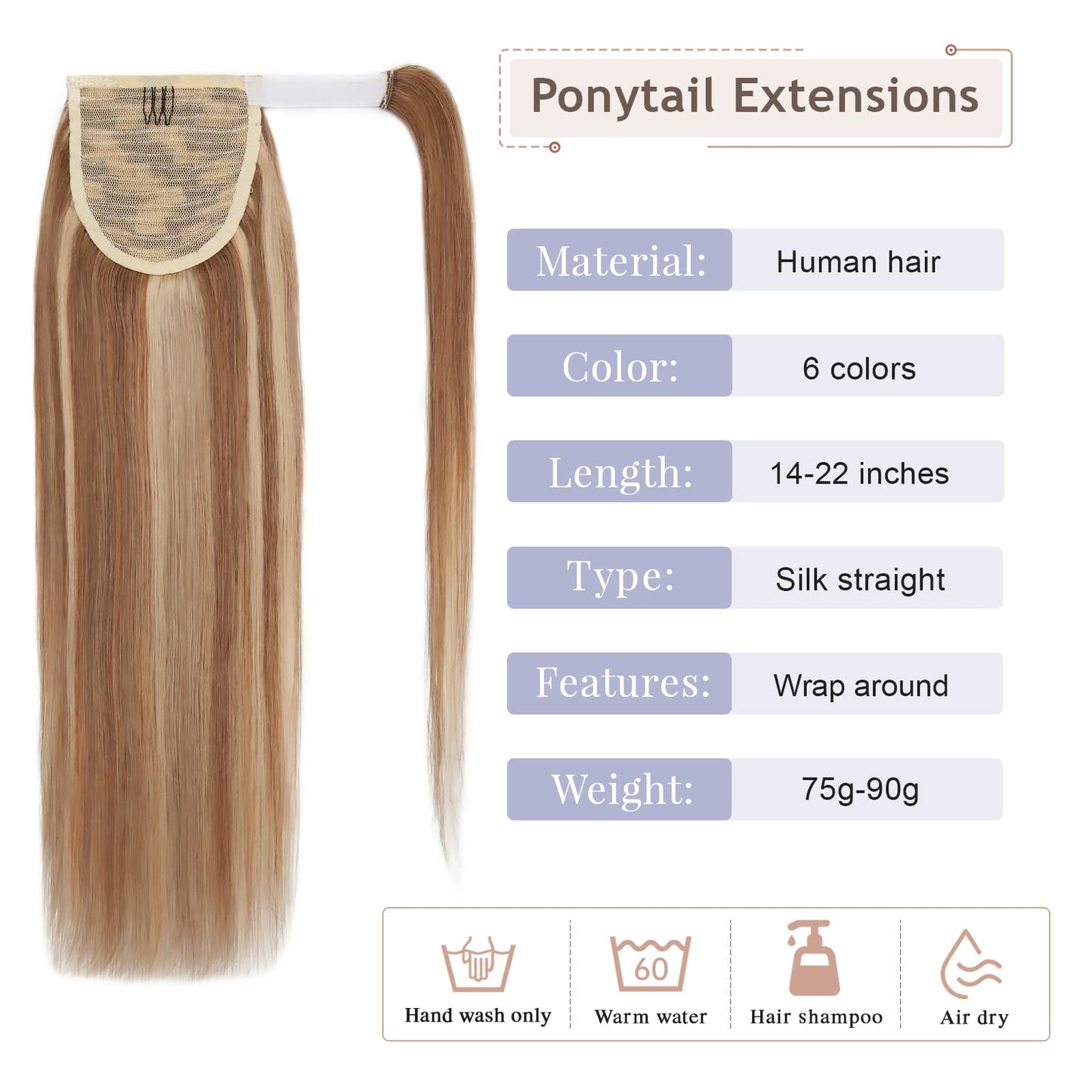 Hairro Ponytail Extensions 100% Human Hair 16 Inch Highlight Wrap up Ponytail Hairpieces for Women Golden Brown Mix Bleach Blonde Long Straight Magic Paste Pony Tail with Comb Balayage #12/613