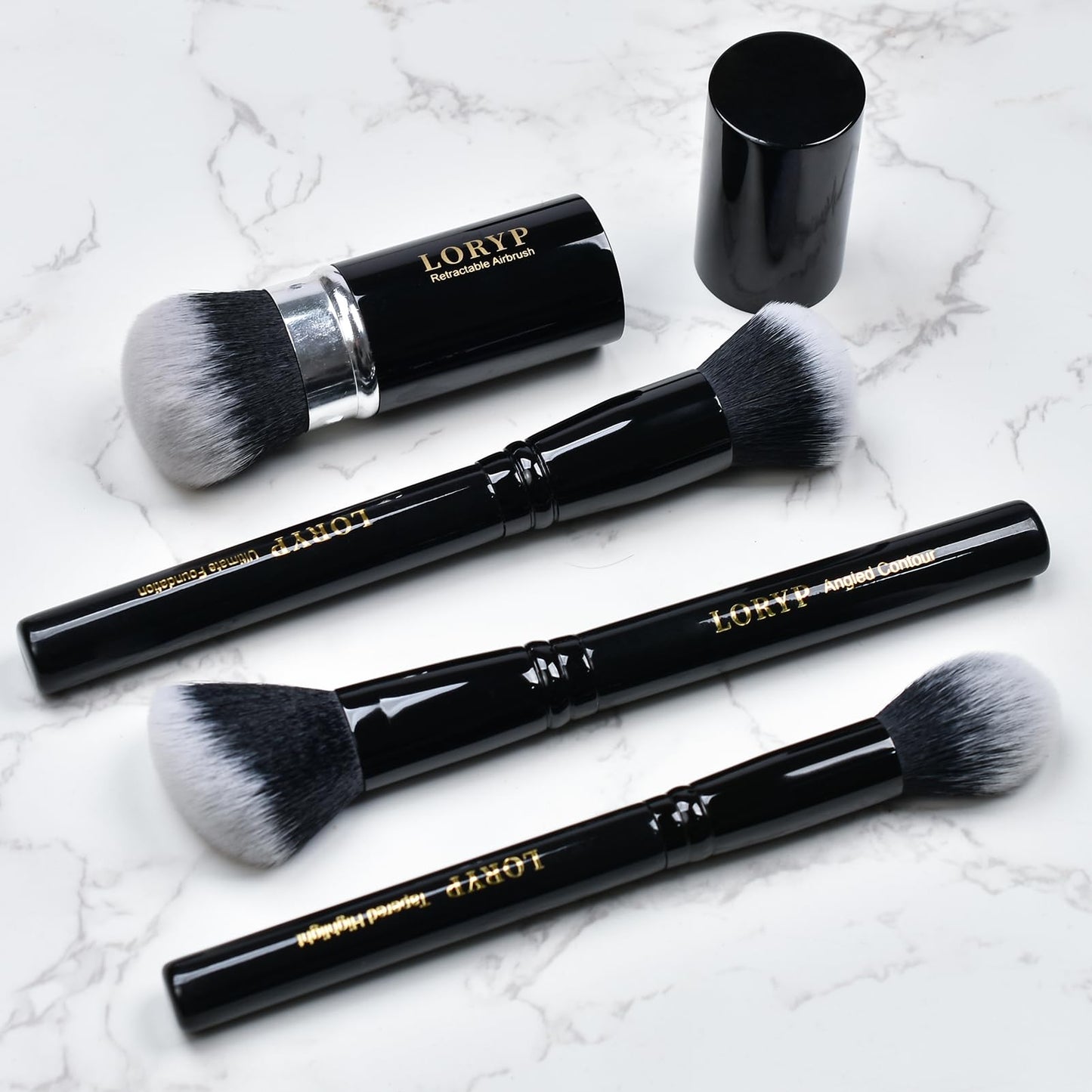 LORYP 4 Pcs Full Face Professional Makeup Brushes Set with Retractable Kabuki Airbrush For Powder,Liquid,Cream,Angled Blush Brush, Foundation Brush, Tapered Highlight Brush