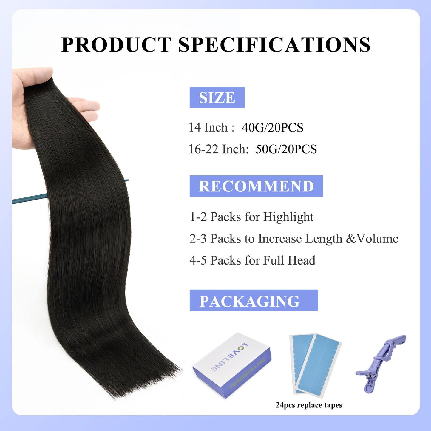 Loveline 18 Inch Tape in Hair Extensions Human Hair 20pcs 50g Skin Weft Invisible Natural Black Tape in Extensions 100% Remy Straight Human Hair Extensions for Women