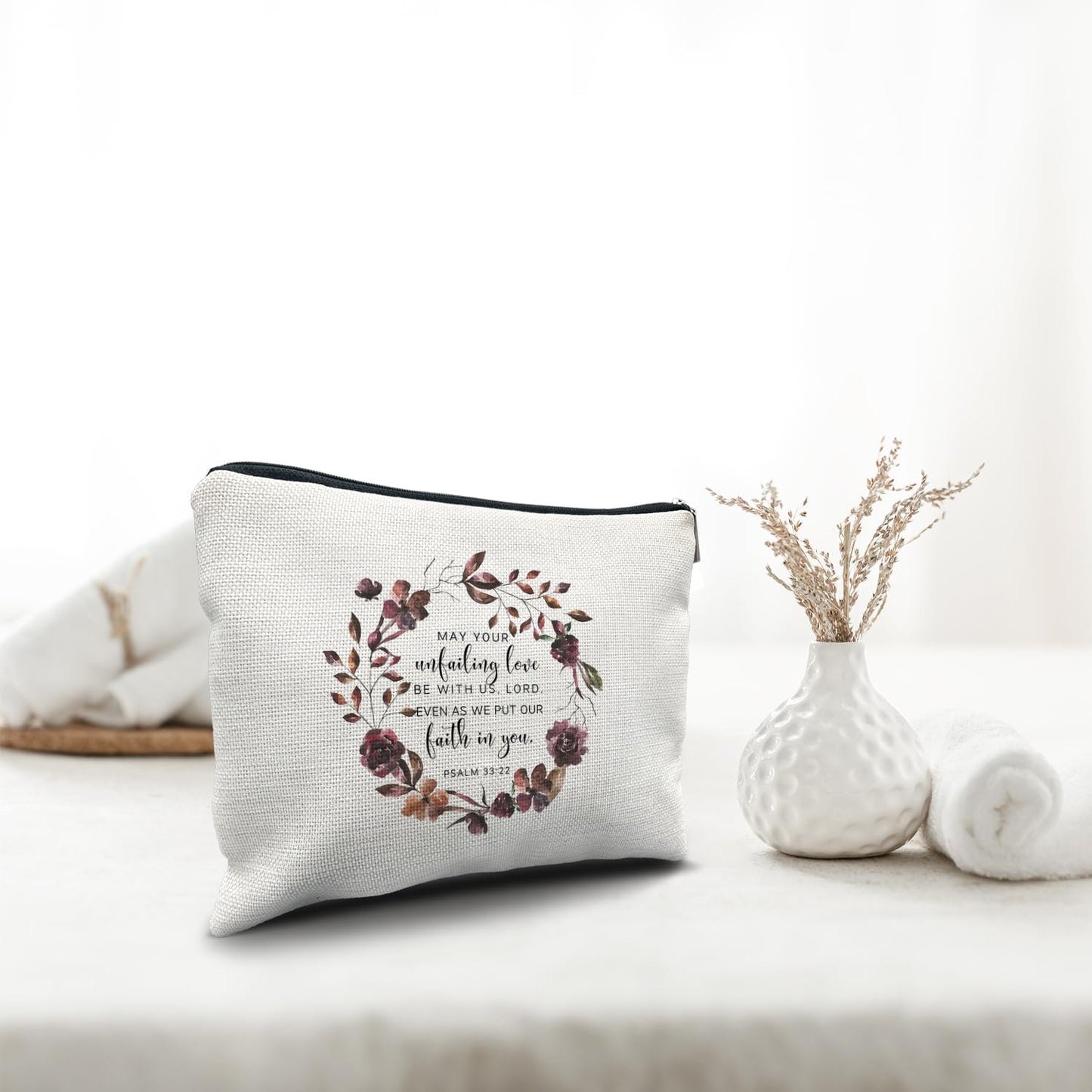 Nogrit Christian Inspirational Makeup Bag Cosmetic Bags for Women, Christian Gifts for Women Faith, Religious Bible Verse Floral Small Makeup Cosmetic Bag for Purse, PSALM 33:22